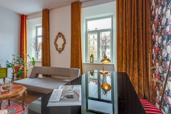 Luxury Apartment, 1 Bedroom (Tromostovje II In Heart Of Ljubljana) | Living area | 21-inch flat-screen TV with satellite channels, TV