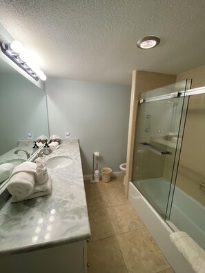 Combined shower/tub, towels, toilet paper - Gulf Front Vacation Rental- Anna Maria Island, Florida (Anna Maria)