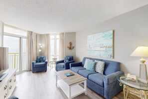 TV, DVD player, video library - 18th floor oceanfront condo w/ shared hot tub, central AC, shared pool, WiFi (North Myrtle Beach)