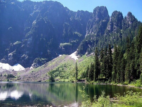 Un paisaje montañoso con un lago, un bosque denso y terreno rocoso.