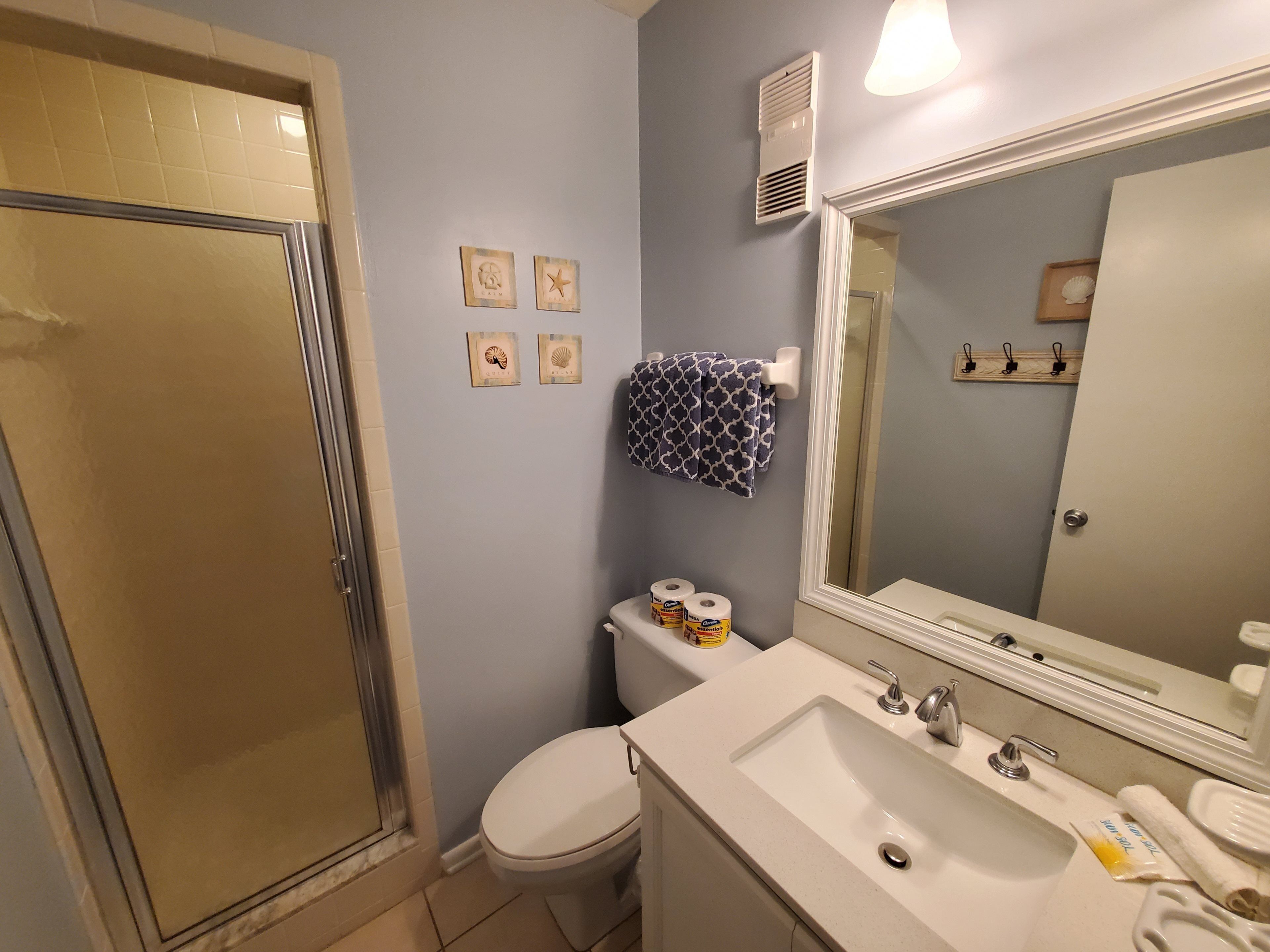 Een badkamer met douche, toilet, wastafel en spiegel.