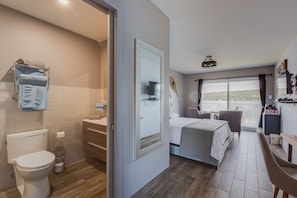 Regadera, secadora de cabello, toallas, jabón