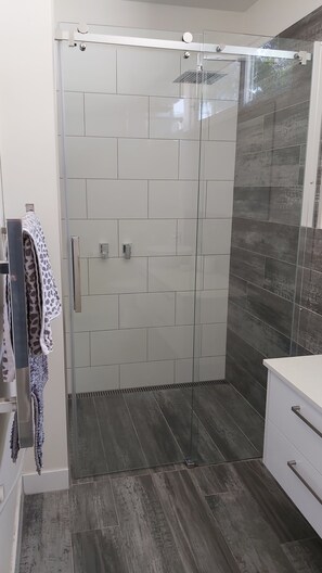 Shower, towels, soap, toilet paper