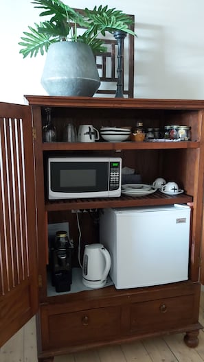 Fridge, microwave, coffee/tea maker, electric kettle