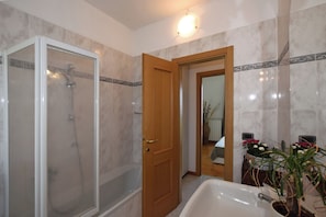 A bathroom with a glass-enclosed shower, a wooden door, a sink with a potted plant, and a mirror reflecting the room. - Iris (Colico)