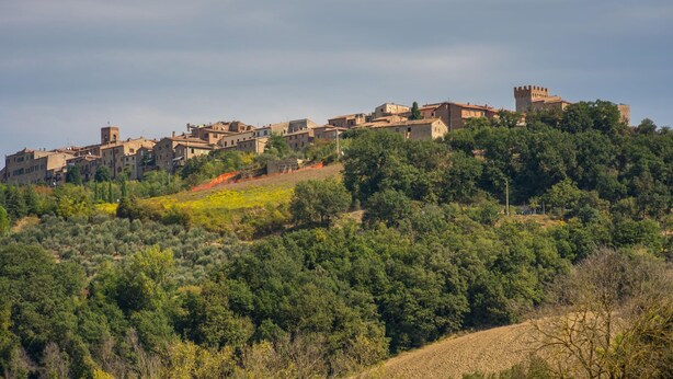 A hillside village with traditional architecture, including stone buildings and a tower. - Paradiso Villas (Casole d'Elsa)