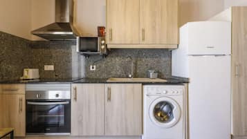 Fridge, microwave, oven, cookware/dishes/utensils