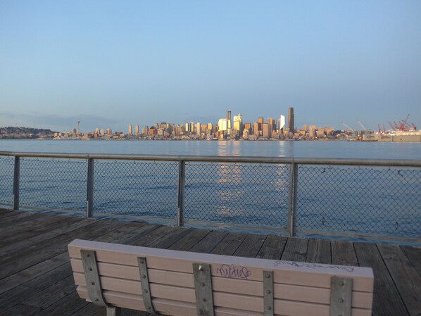A waterfront view with a city skyline in the background, a wooden pier with a bench, and a chain-link fence. - Amazing and serene view house, art deco charmer, fully restored (Seattle)