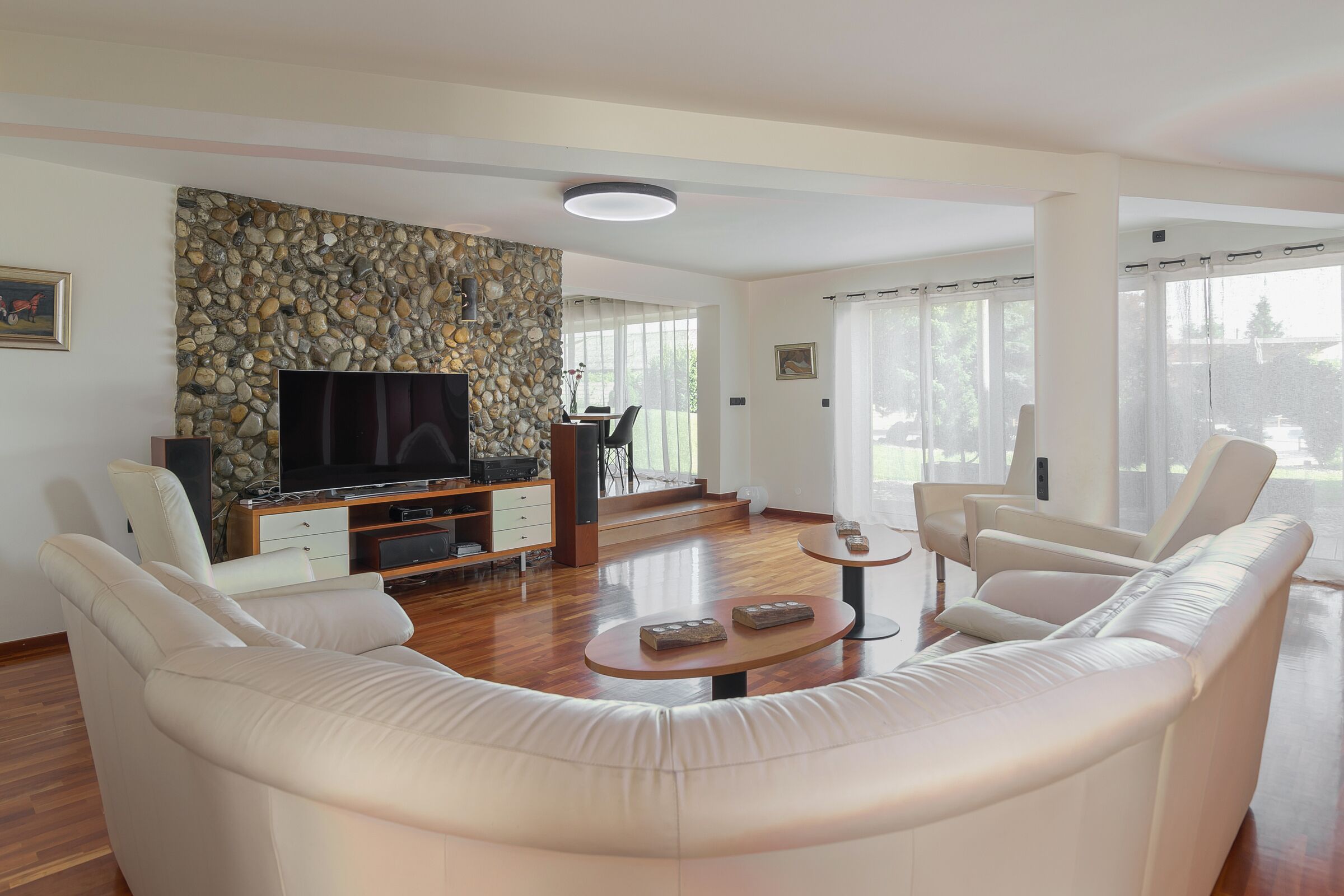 Televisión, chimenea, reproductor de DVD y estéreo 