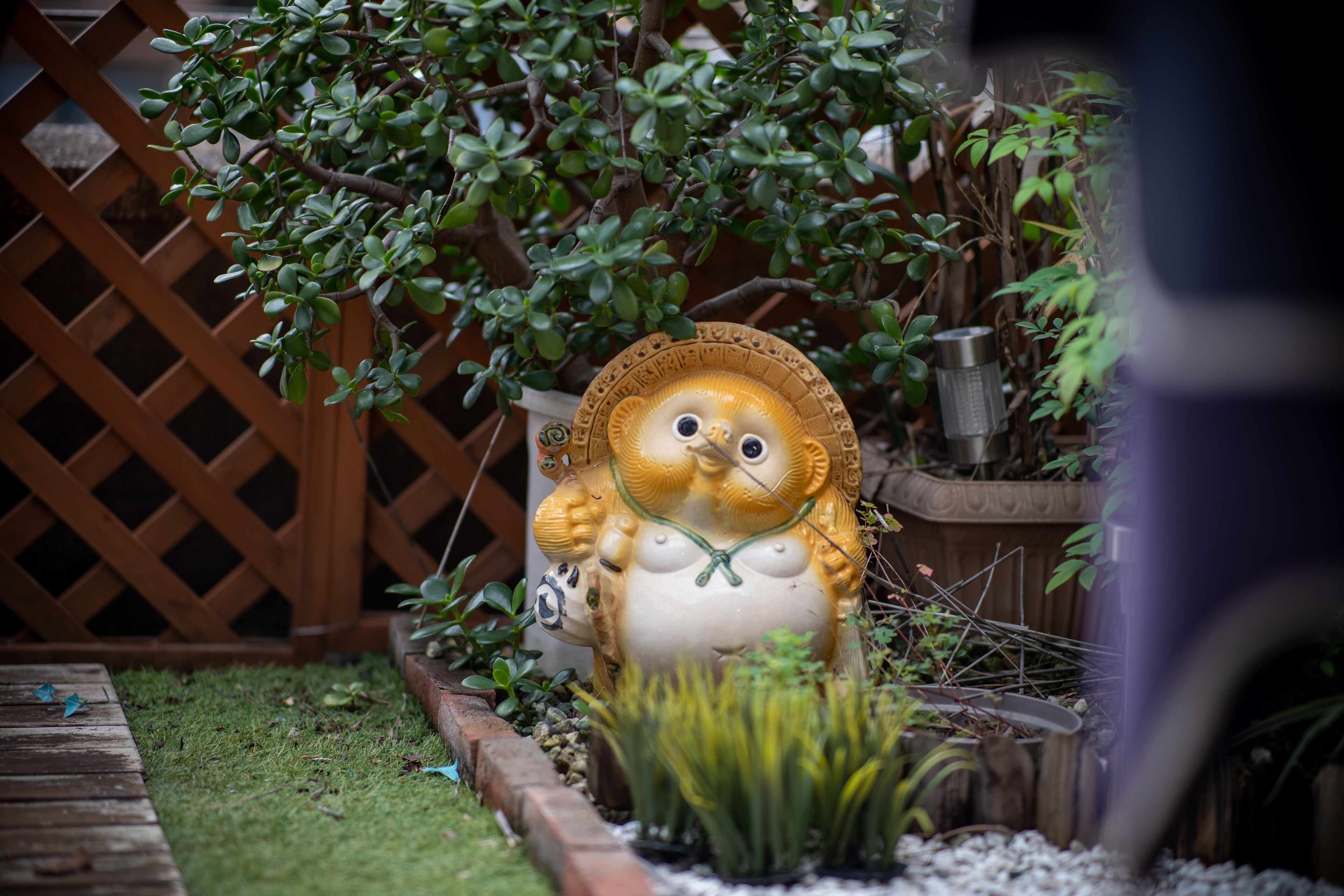 A garden with a decorative statue, a wooden fence, and various plants.