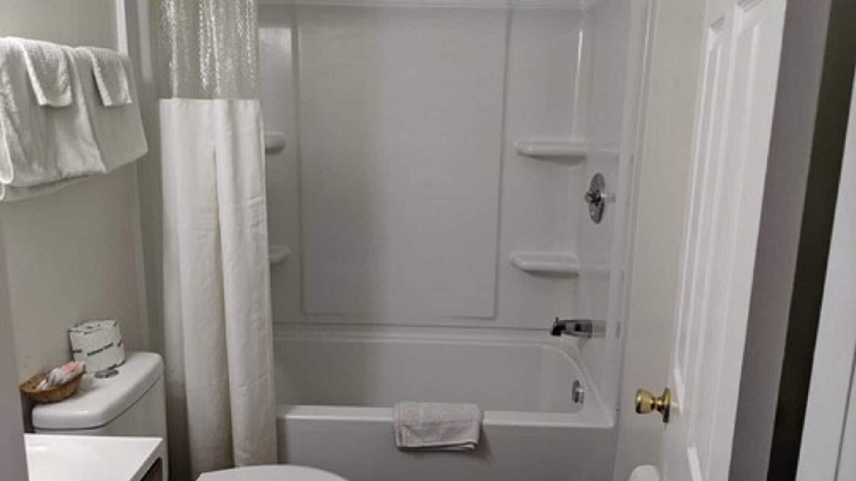 A bathroom with a bathtub, toilet, and a shower curtain.