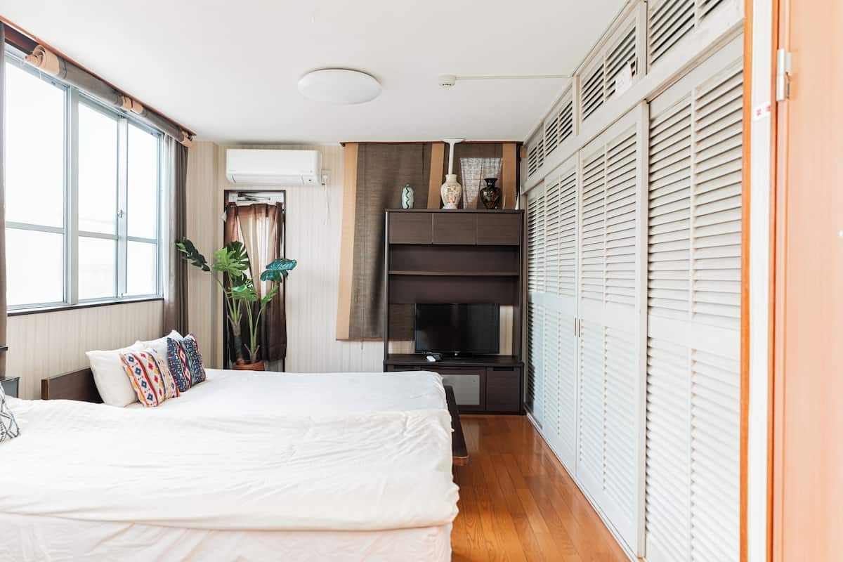 Un dormitorio con cama, televisión, planta en maceta y armario.
