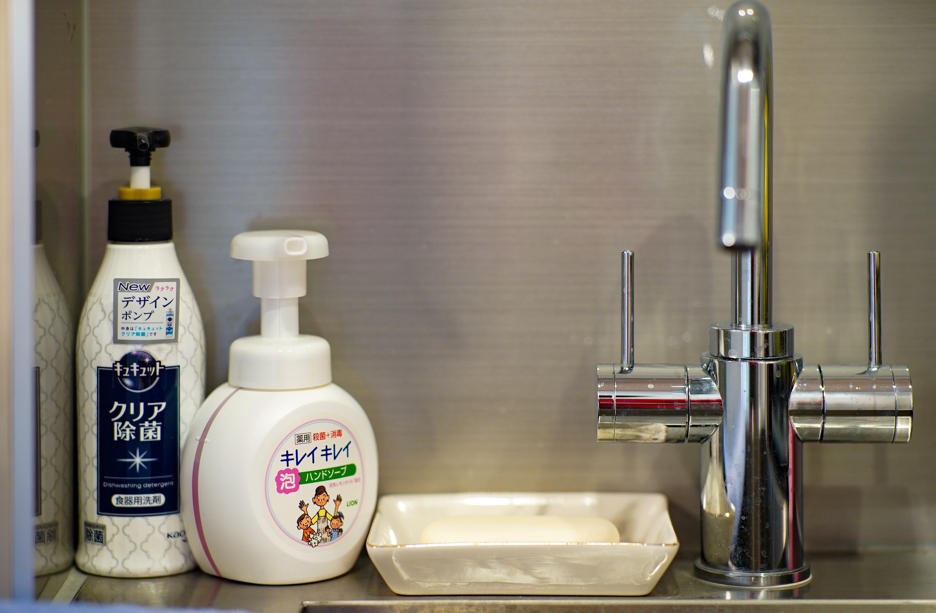 A bathroom with a stainless steel sink, a dishwashing detergent bottle, a hand soap dispenser, and a soap dish.