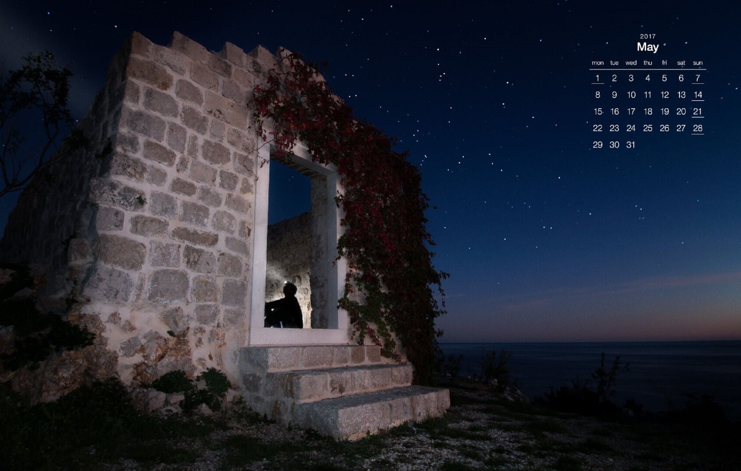 A stone structure with a window, surrounded by vegetation, under a starry night sky.