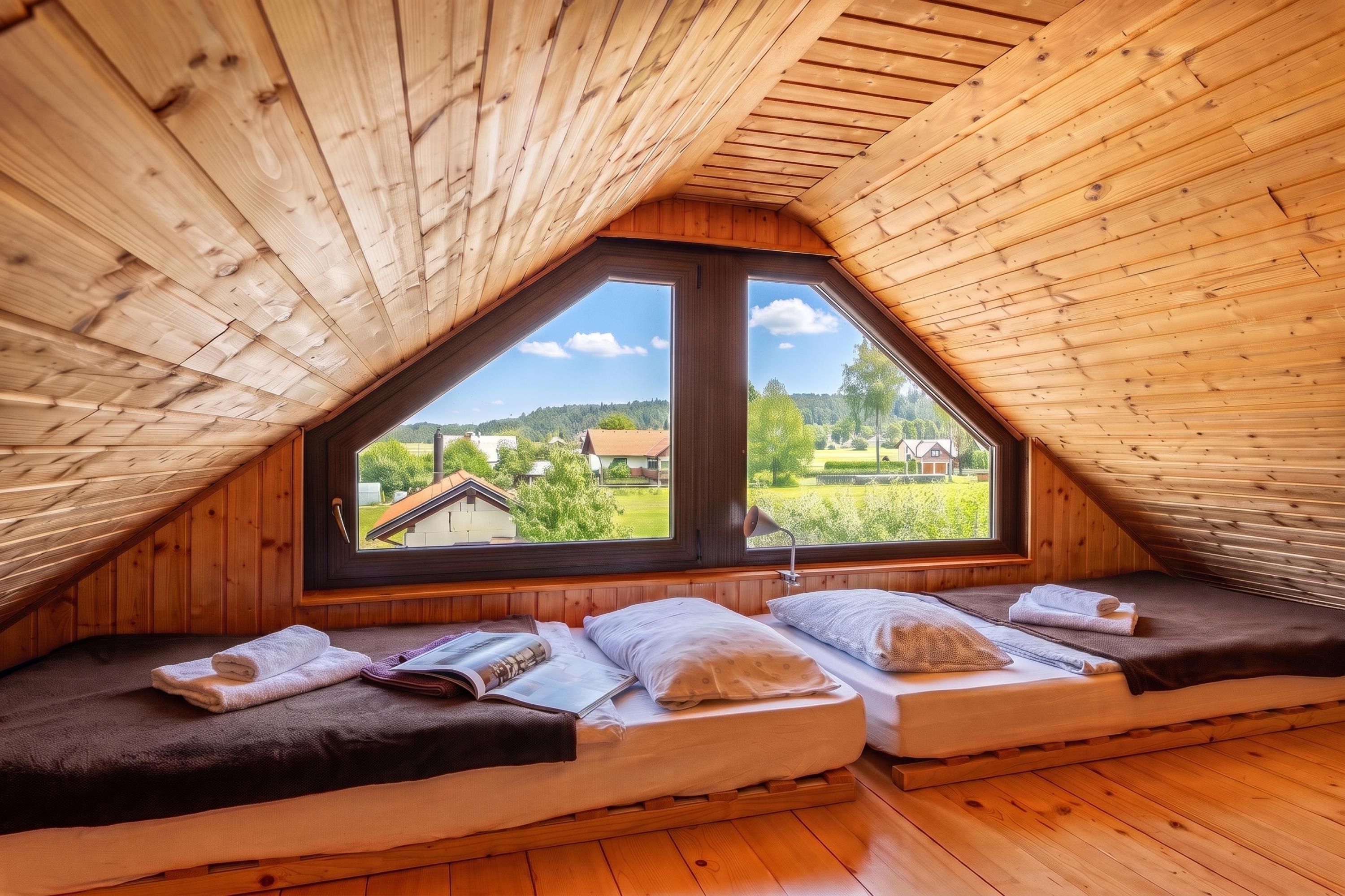 A cozy attic bedroom with wooden slats, two beds, and a large window offering a view of a green landscape.