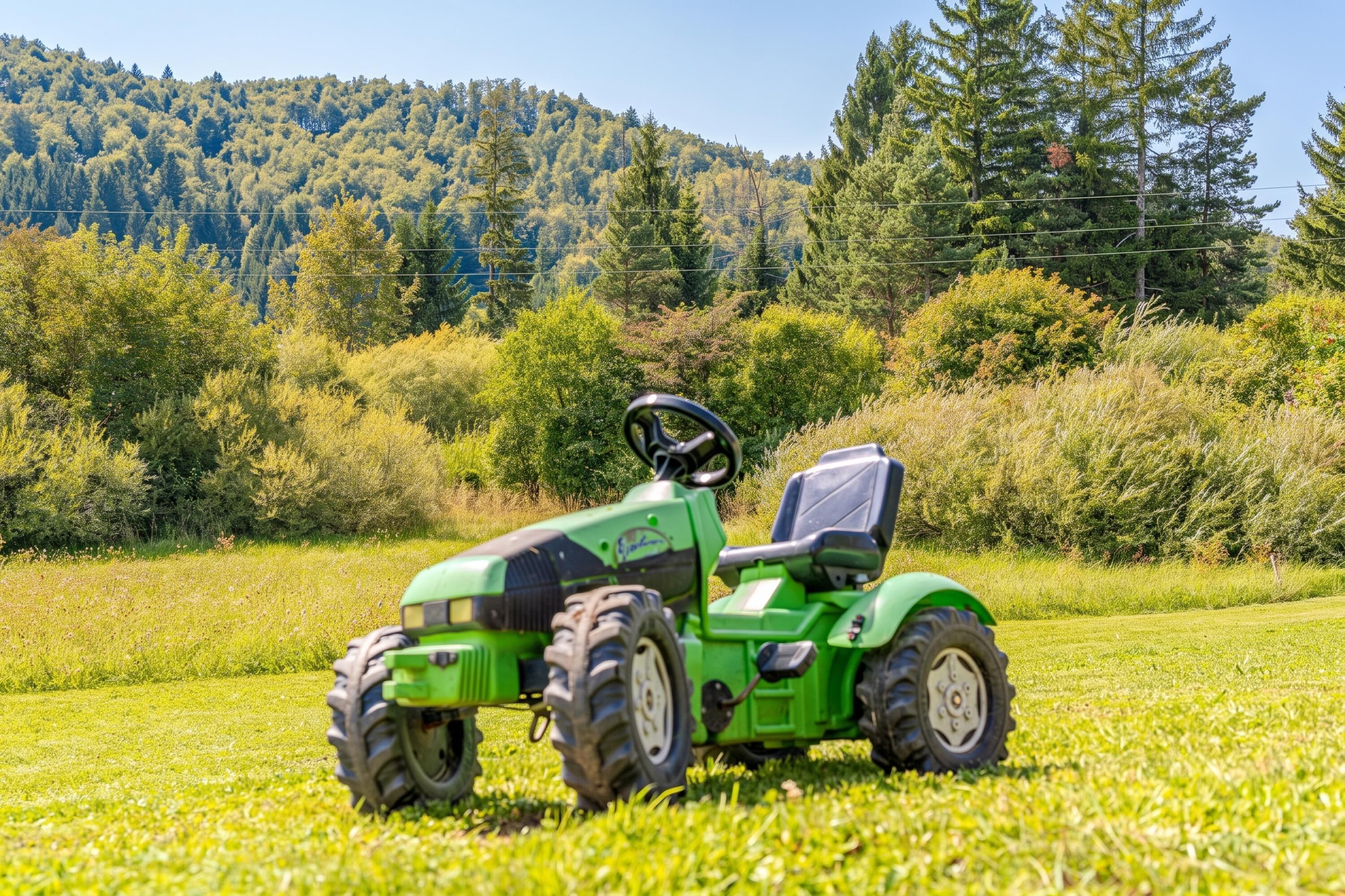 Ein grüner Traktor auf einer grasbewachsenen Wiese, im Hintergrund ein bewaldeter Hügel.