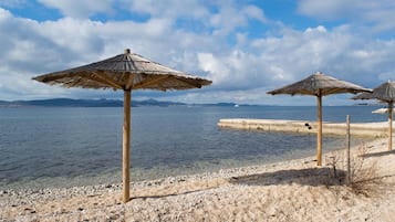 Ein Strand mit Reetdachschirmen und Kiesufer.