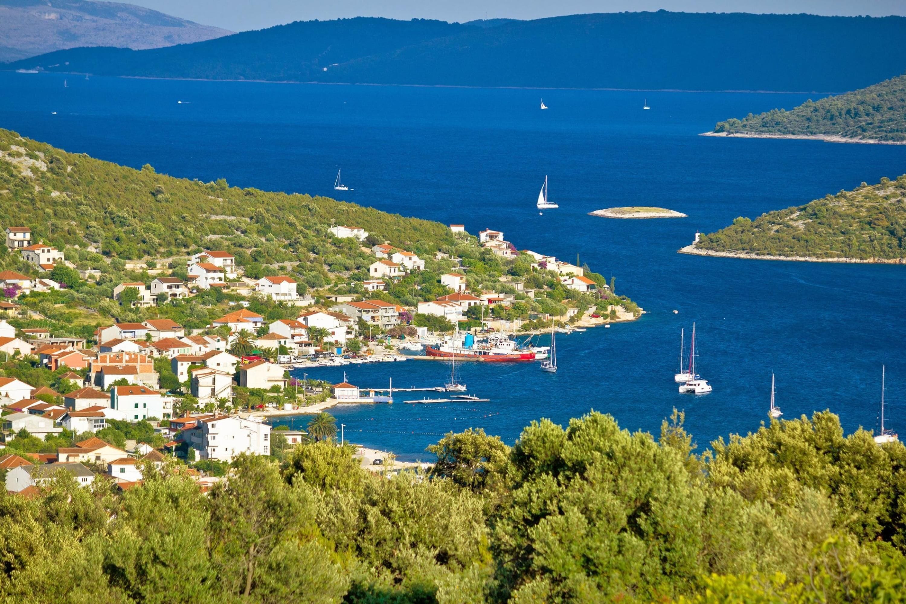 A coastal town with houses, a marina, and boats.