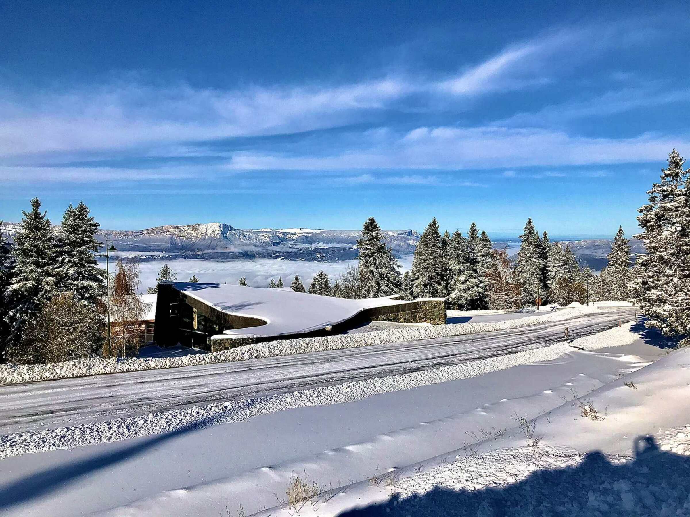 A snow-covered landscape with a road, trees, and a building with a sloped roof.