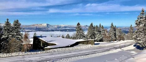 A snow-covered landscape with a road, trees, and a building with a sloped roof.