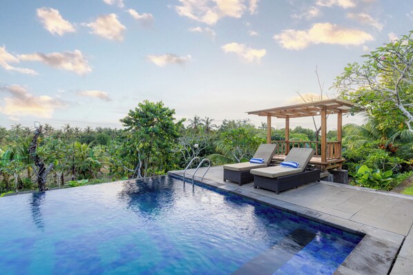 A swimming pool with lounge chairs and a pergola, surrounded by tropical vegetation.
