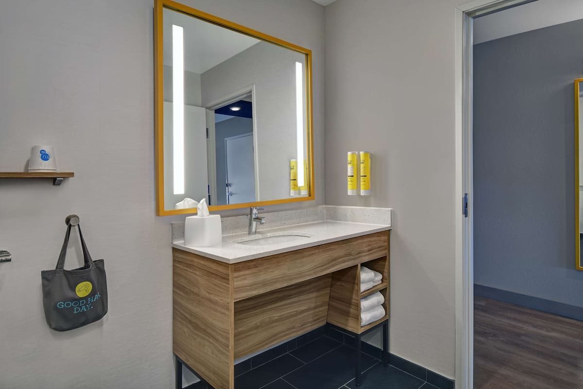 Chambre, 1 très grand lit, accessible aux personnes à mobilité réduite, baignoire | Salle de bain | Sèche-cheveux, serviettes fournies, savon, shampoing