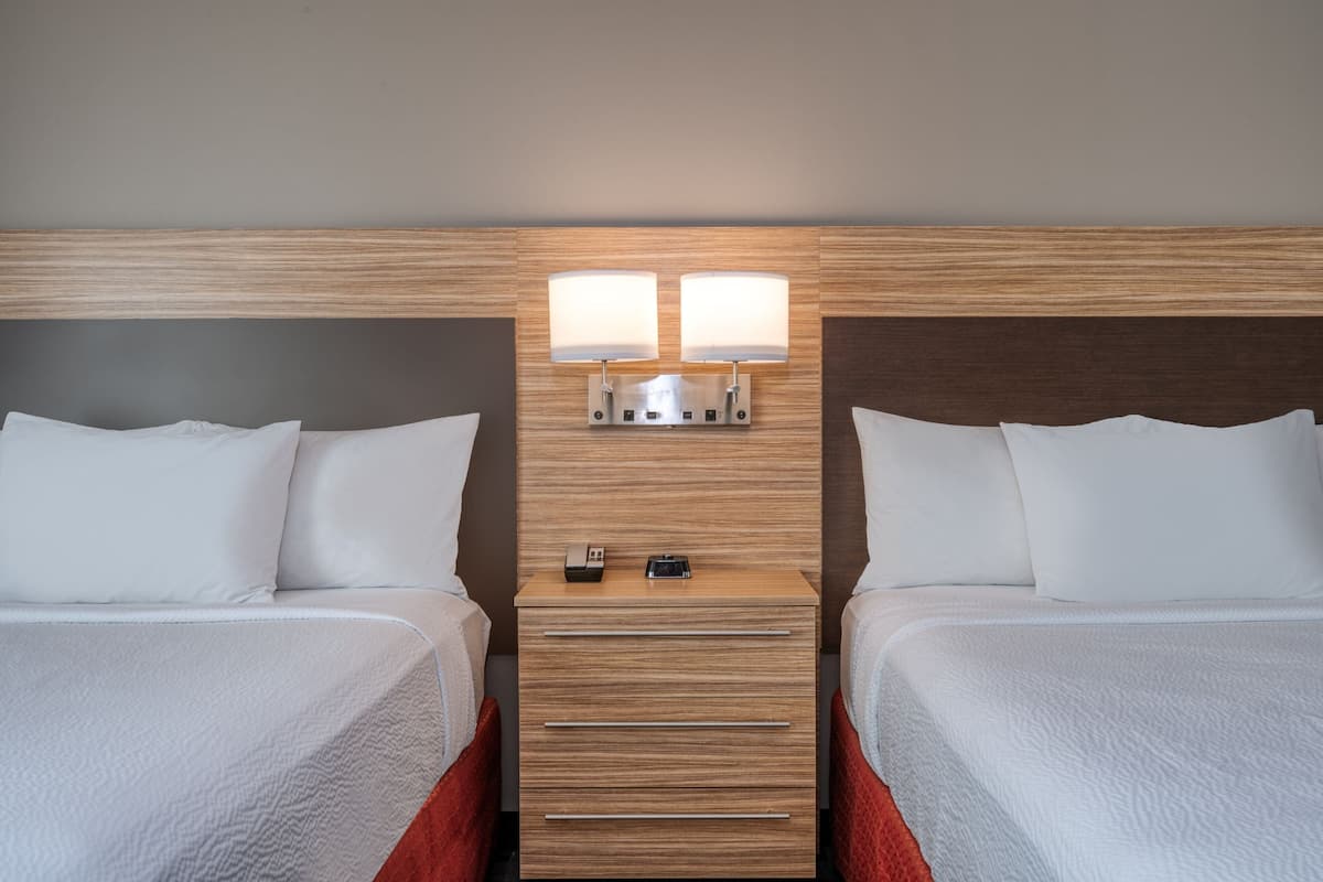 desk, laptop workspace, blackout curtains, iron/ironing board