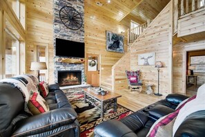 TV, fireplace - Gorgeous 3 Story Cabin, Sleeps 14 w/ Views, Hot Tub, Pool Table, BBQ Grill, Arcade! (Sevierville)