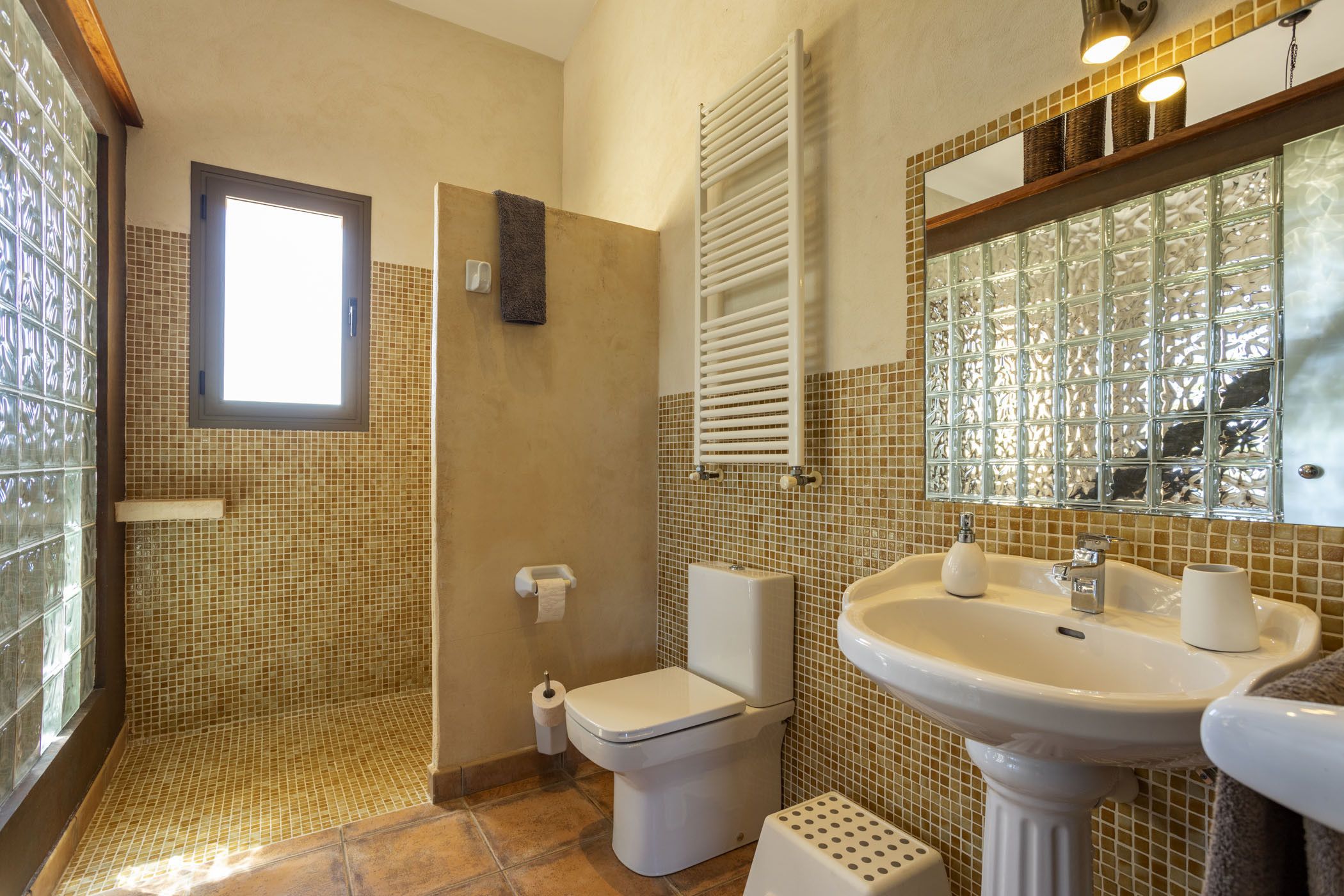 Un baño con inodoro, lavabo y zona de ducha.