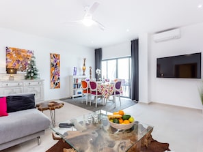 TV, fireplace