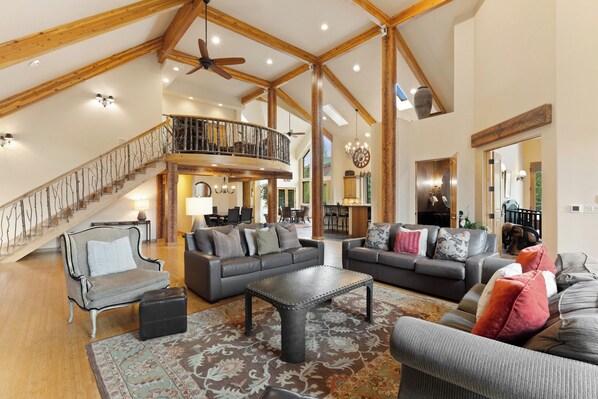 TV, fireplace, books