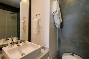 Shower, hair dryer, towels, shampoo