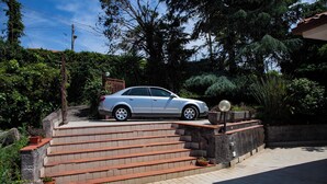 A car parked on a driveway with steps leading to a house.