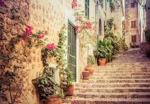 A stone staircase leading up to a building with potted plants and flowers. - Modern villa with 3 bedrooms, 2 bathrooms, wifi, terraces and pool (Inca)