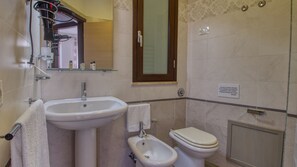 Shower, hair dryer, bidet, towels