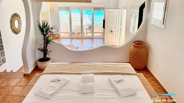 A hotel room with a bed, a potted plant, a large window, and a view of the beach.