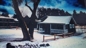 Un paysage enneigé avec une cabane en bois et un grand arbre.