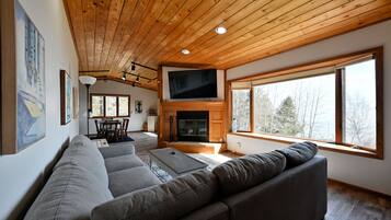 TV connectée, cheminée, livres, services de streaming