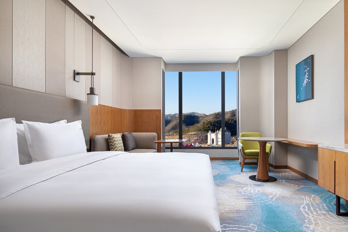 A hotel room with a large bed, a desk, a chair, a television, and a view of a castle through the window.