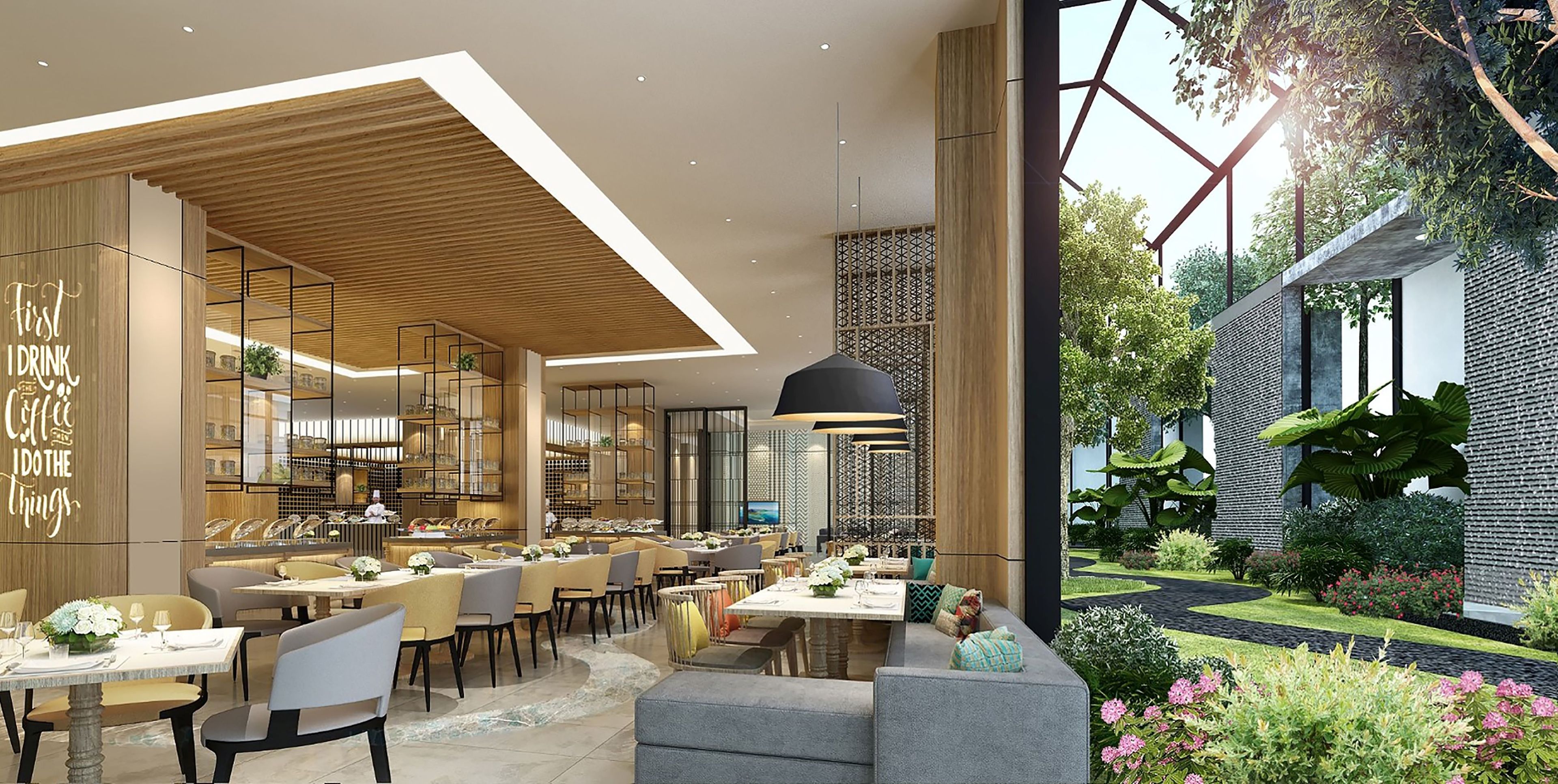 A modern restaurant interior with multiple dining tables and chairs, a kitchen area, and a view of a garden with plants and a pathway.