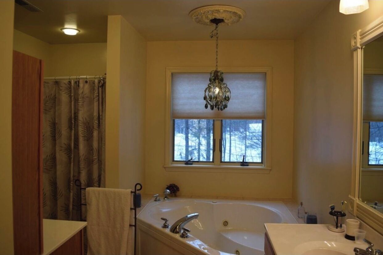 Combined shower/tub, jetted tub, towels, toilet paper