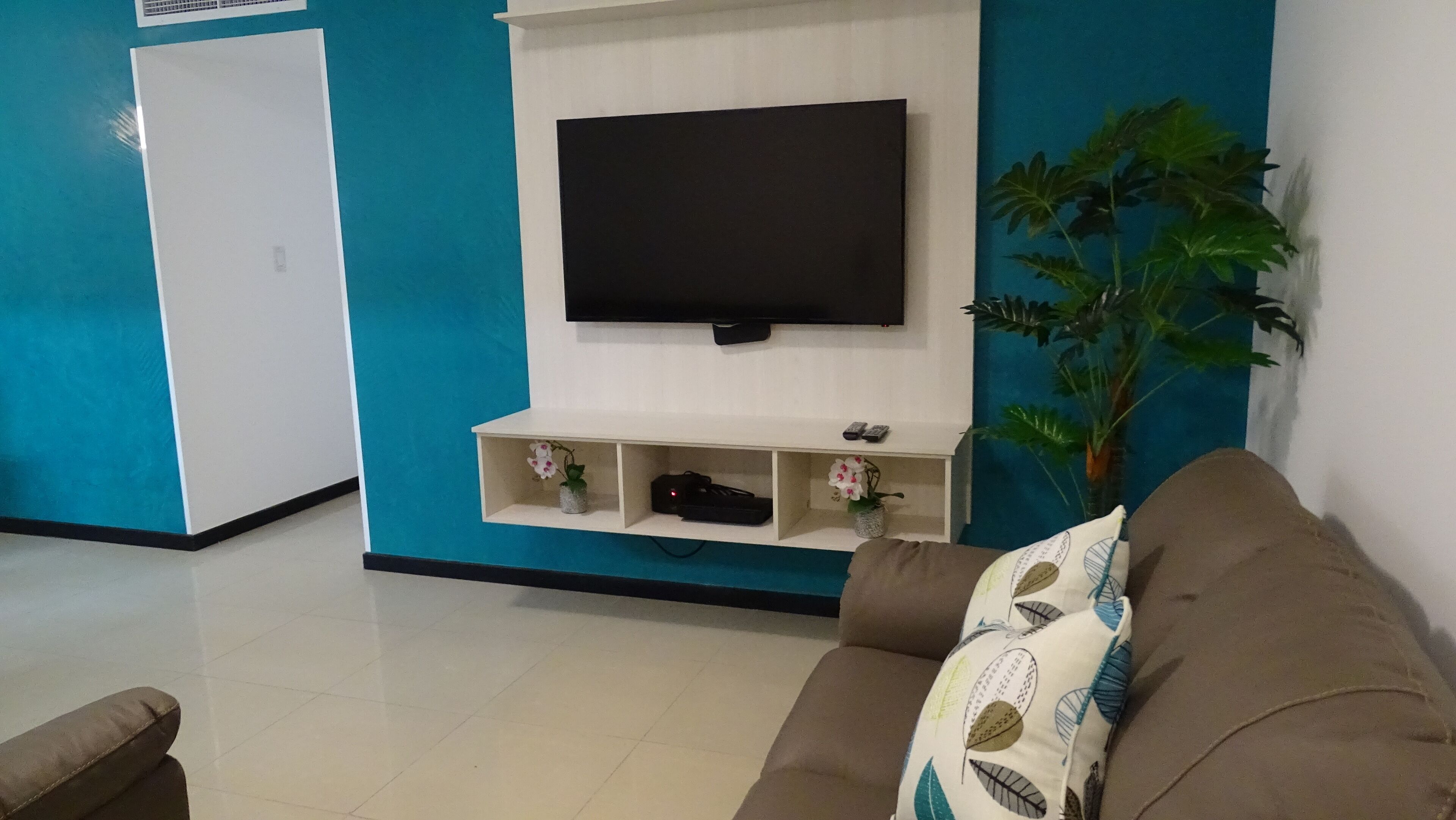 A living room with a flat-screen TV mounted on a wall, a sofa with patterned cushions, a small shelf with decorative items, and a potted plant.