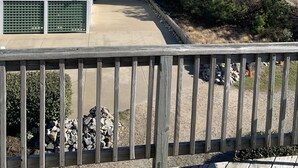 Une propriété située en bord de mer, dotée d’un patio couvert, d’une vue sur la plage et d’une terrasse en bois.