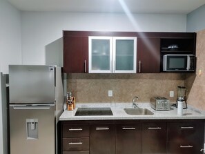 Fridge, microwave, coffee/tea maker, electric kettle