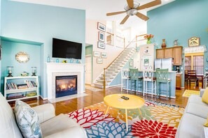 TV, fireplace, video games, table football