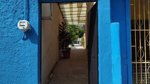 A narrow alleyway with a blue building, a metal gate, and a potted plant. - Casa Cuevas & Amaro (Mérida)