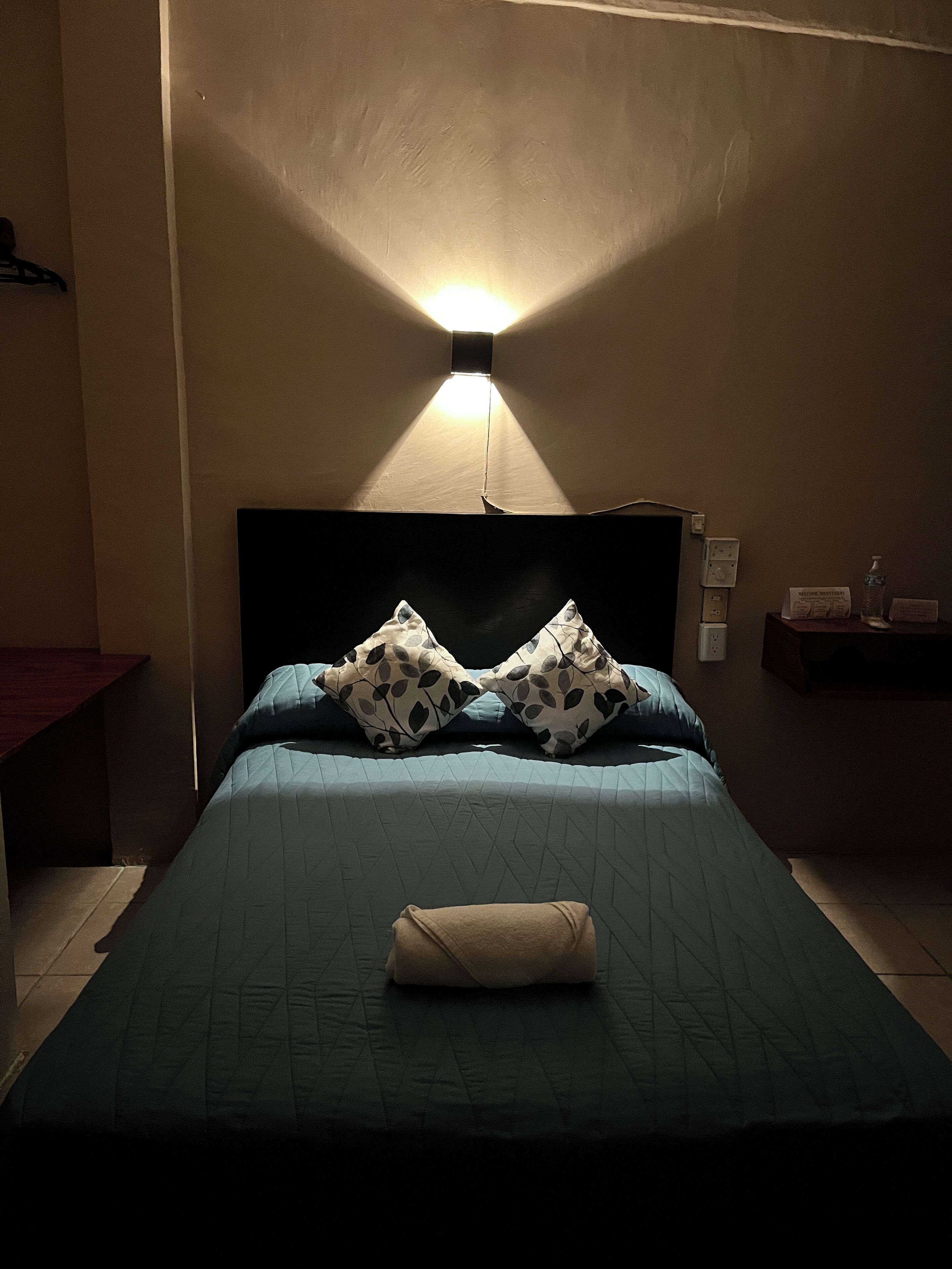 Una cama con colcha azul y almohadas estampadas, una mesita de noche y una lámpara fijada a la pared.