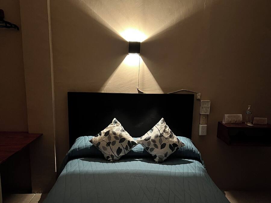 Una cama con colcha azul y almohadas estampadas, una mesita de noche y una lámpara fijada a la pared.