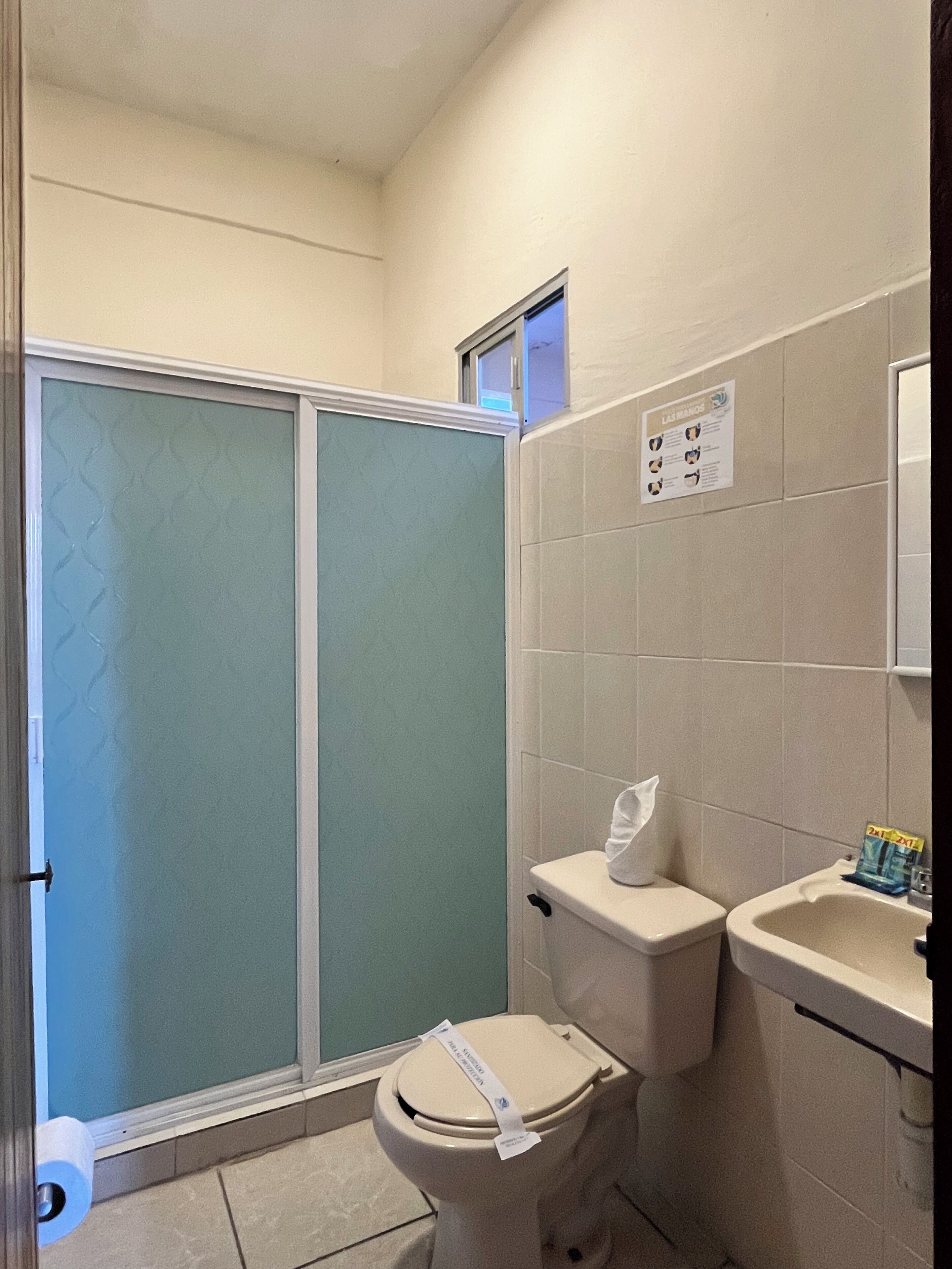 shower, free toiletries, hair dryer, towels