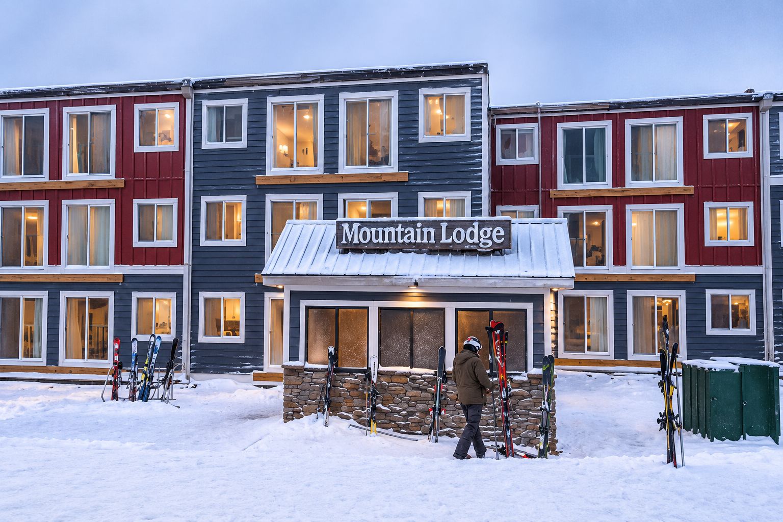 A multi-story building with a sign reading 'Mountain Lodge.'